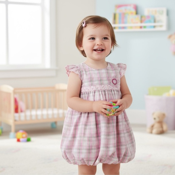 🍭Pink and olive Plaid size 2 Dress with Flower Accent - Picture 1 of 9